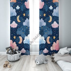 Gece Yıldız ve Bulutlar Çocuk Odası Perde Çift Kanat 280x270 cm