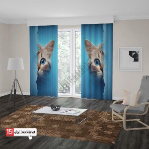 Mavi Kedi Dijital Baskılı Fon Perde Çift Kanat 280x240 cm