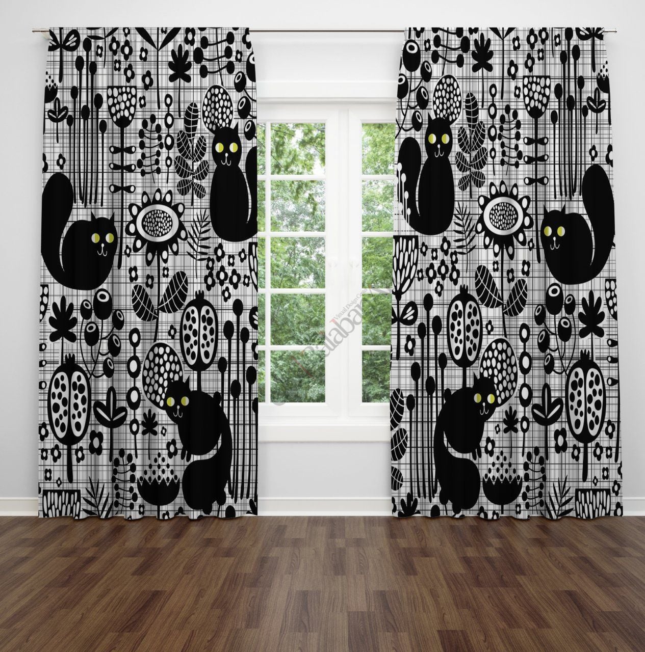 Siyah Beyaz Kediler Dijital Fon Perde Çift Kanat 280x280 cm