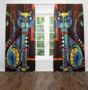 Renkli Kedi Fon Perde Çift Kanat 280x260 cm