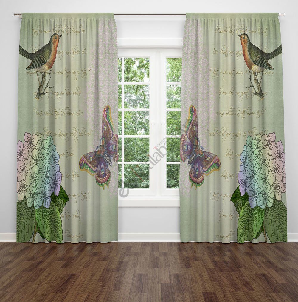 Kuş ve Kelebek Desenli Dijital Baskılı Fon Perde Çift Kanat 280x260 cm