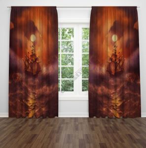 Dalgalı Deniz Dijital Baskılı Fon Perde Çift Kanat 280x240 cm