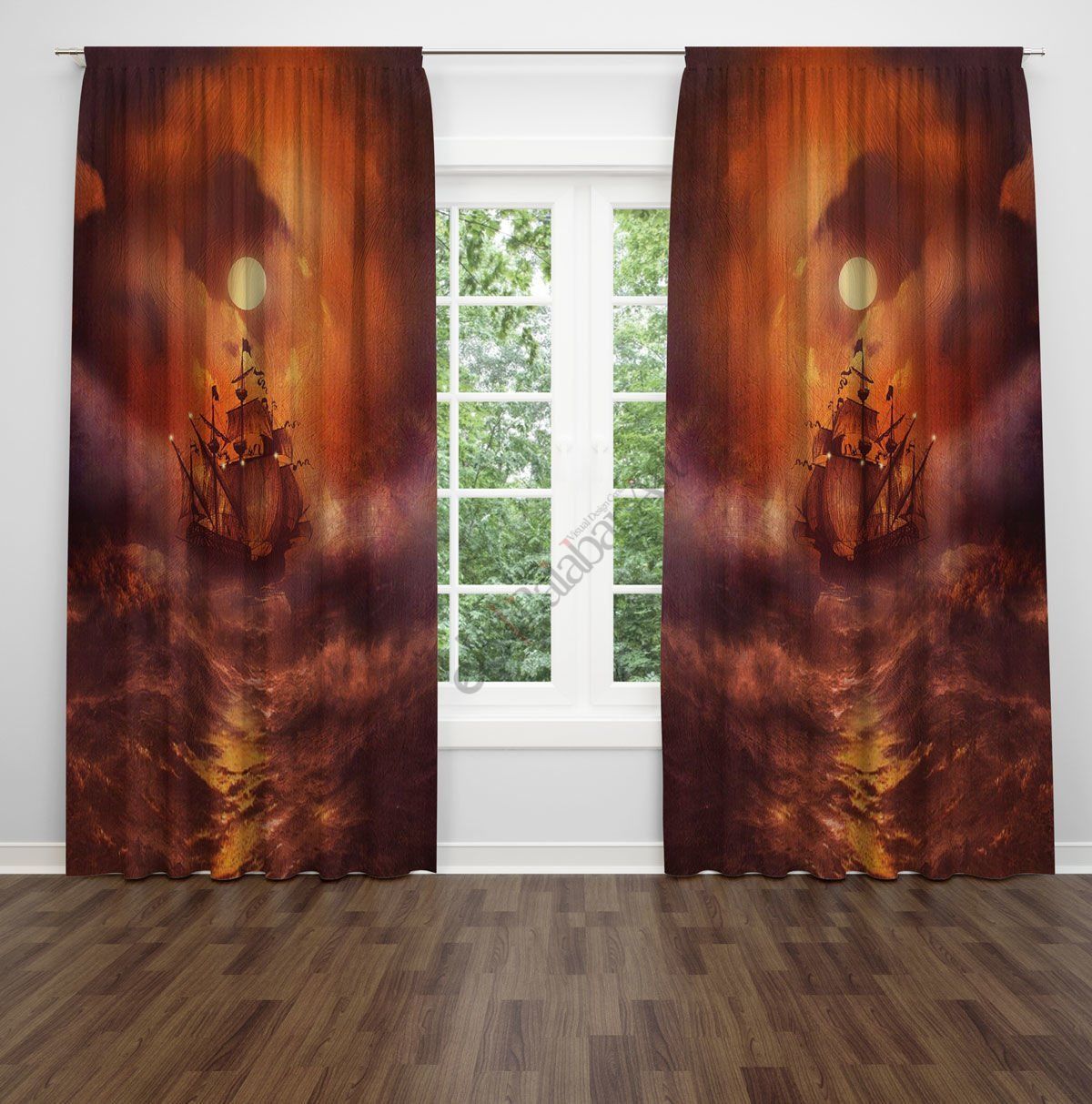 Dalgalı Deniz Dijital Baskılı Fon Perde Çift Kanat 280x250 cm