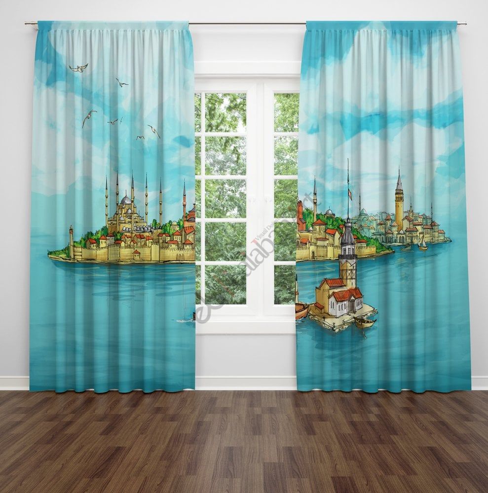 İstanbul Desen Dijital Baskılı Fon Perde Çift Kanat 280x250 cm