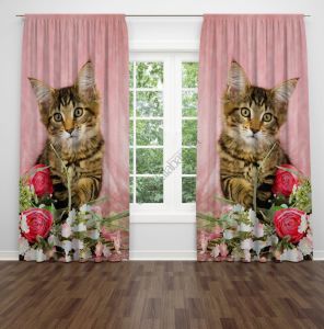 Kedi ve Çiçekler Dijital Baskılı Fon Perde Çift Kanat 280x270 cm