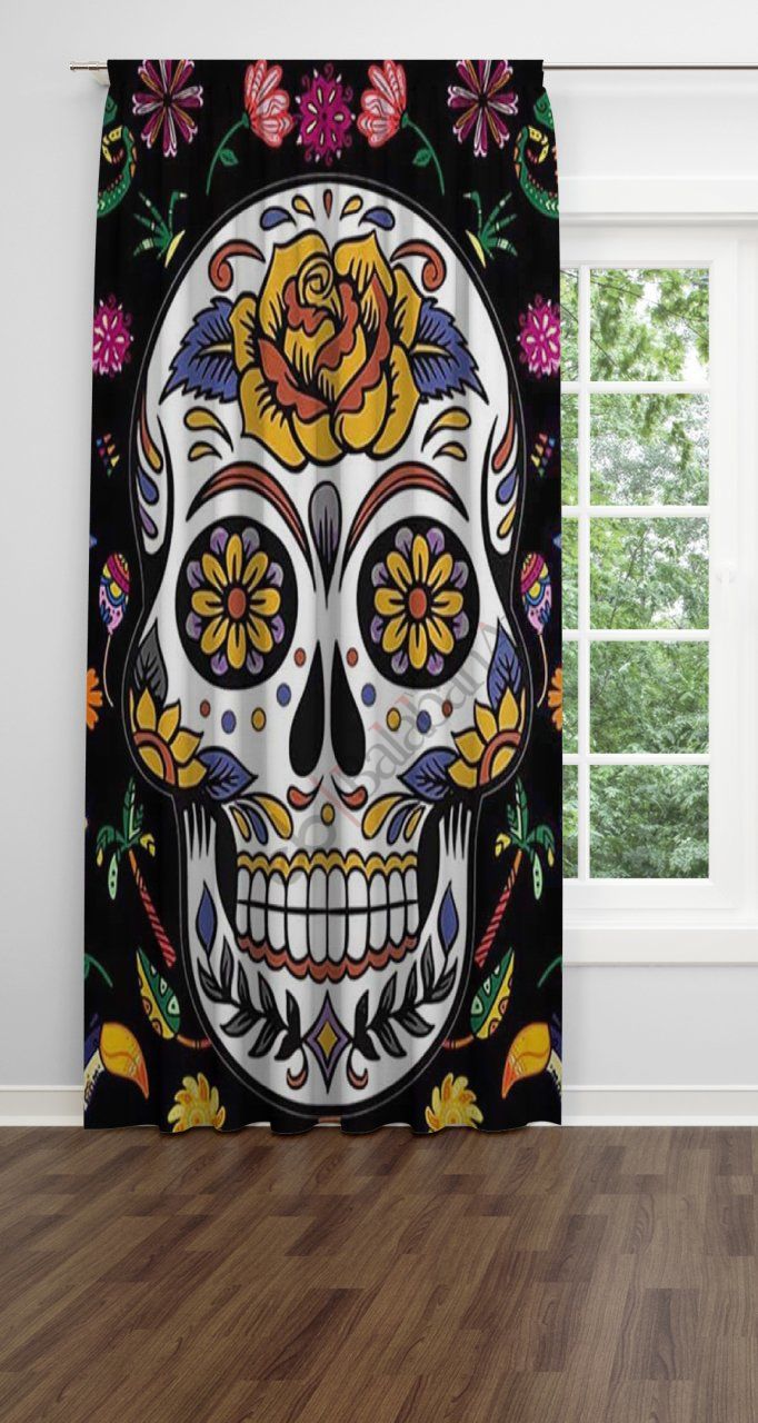 çiçek desenli kuru kafa dijital fon perde Tek Kanat 140x270 cm