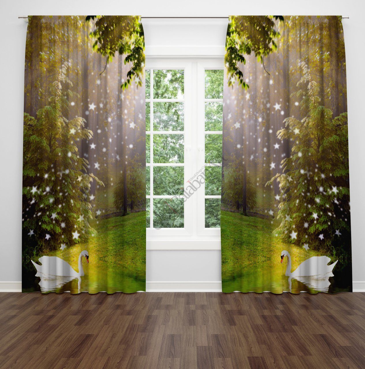 Kuğu Desenli Dijital Baskılı Fon Perde Çift Kanat 280x240 cm