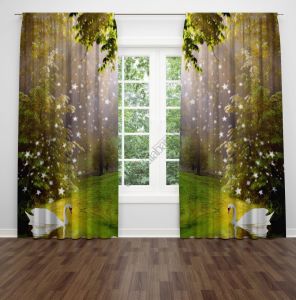 Kuğu Desenli Dijital Baskılı Fon Perde Çift Kanat 280x240 cm