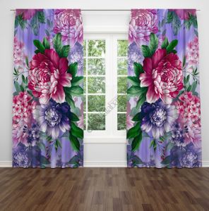Mor ve Pembe Güller  Dijital Baskılı Fon Perde Çift Kanat 280x270 cm