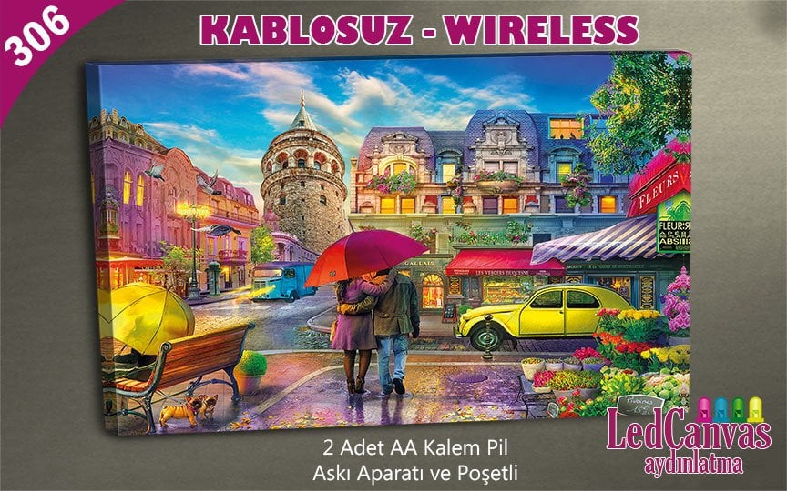 Aşıklar ve Galata Kulesi Led Işıklı Kanvas Tablo