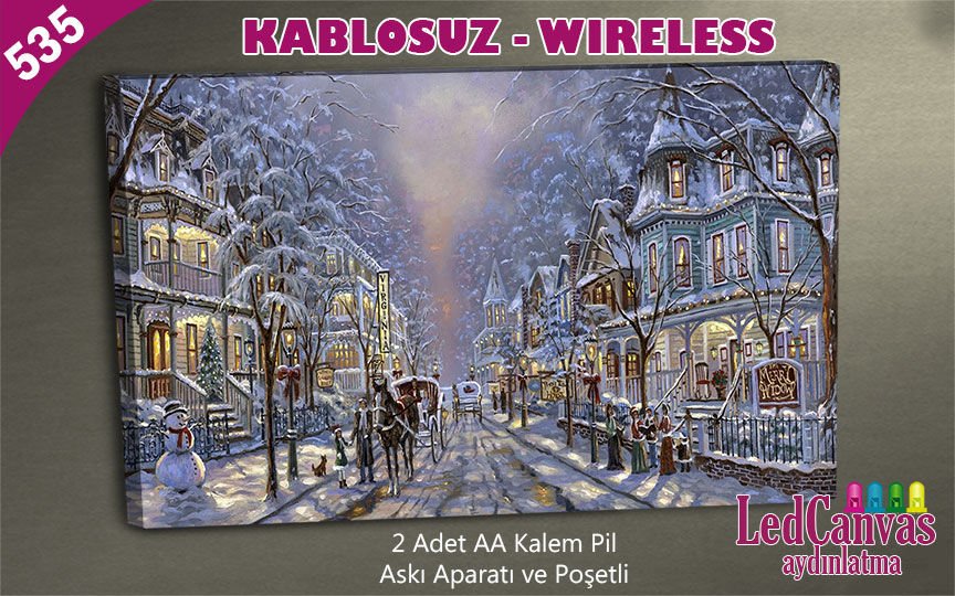 Yağlı Boya Kar Manzaralı Sokak Led Işıklı Kanvas  Tablo