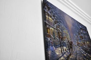 Yağlı Boya Kar Manzaralı Sokak Led Işıklı Kanvas  Tablo