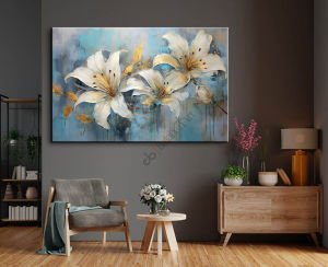 Yağlıboya Oil Paint Beyaz Çiçek Büyük Boy Kanvas Tablo 100*150 CM