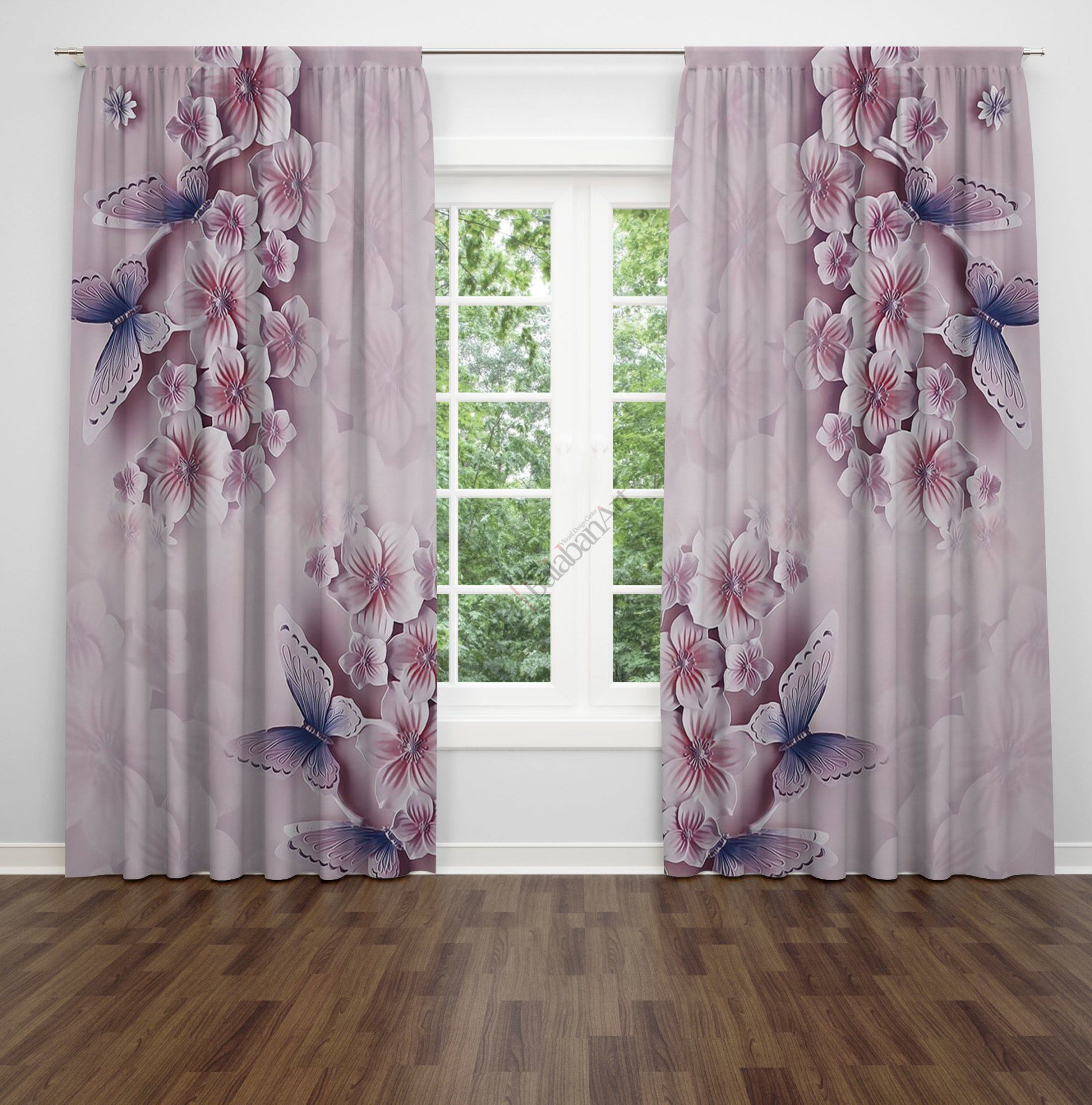 Pembe Kelebekler Dijital Fon Perde Çift Kanat 280x240 cm