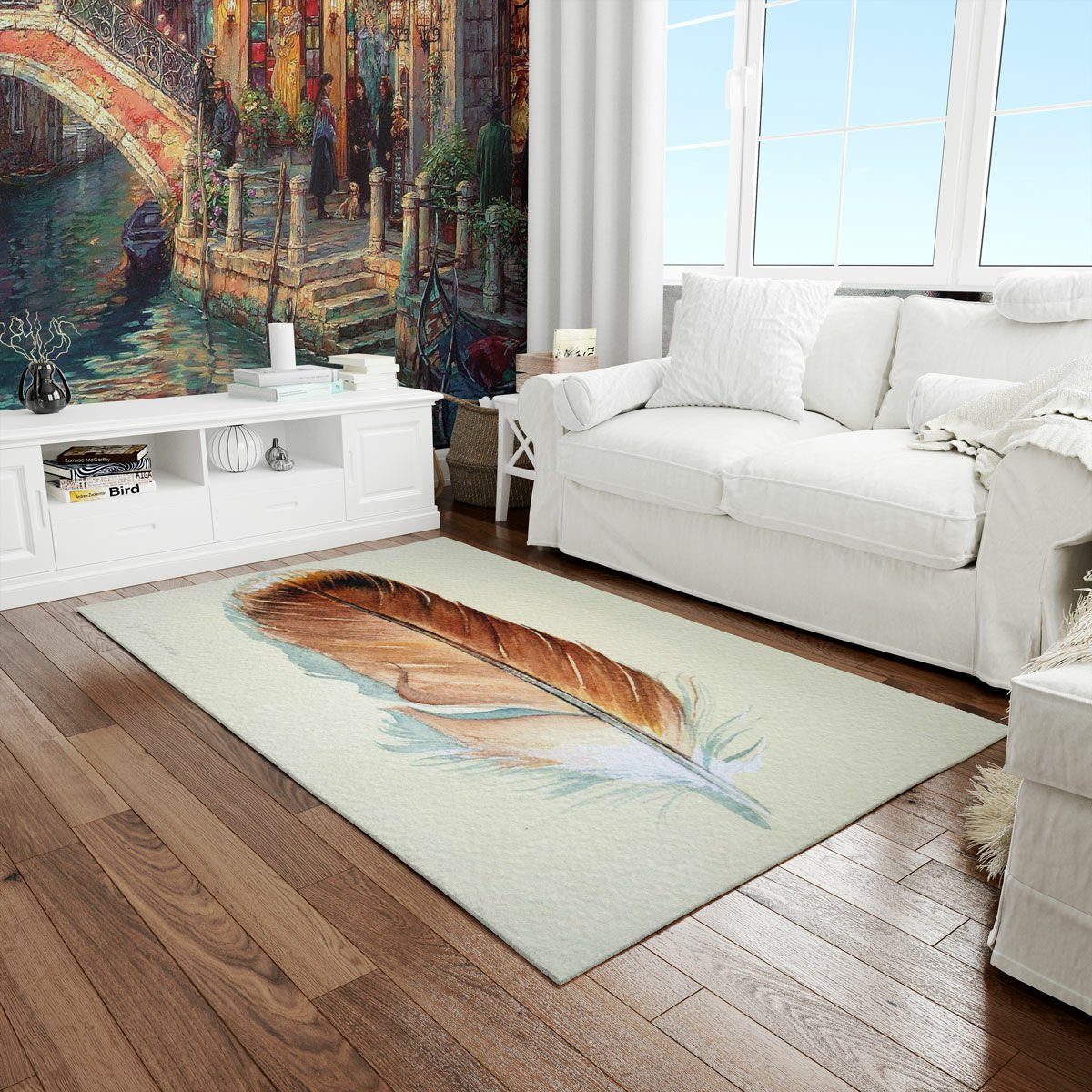 Renkli Tüy Desenli Dijital Baskılı Dekor Halı 100 x 140