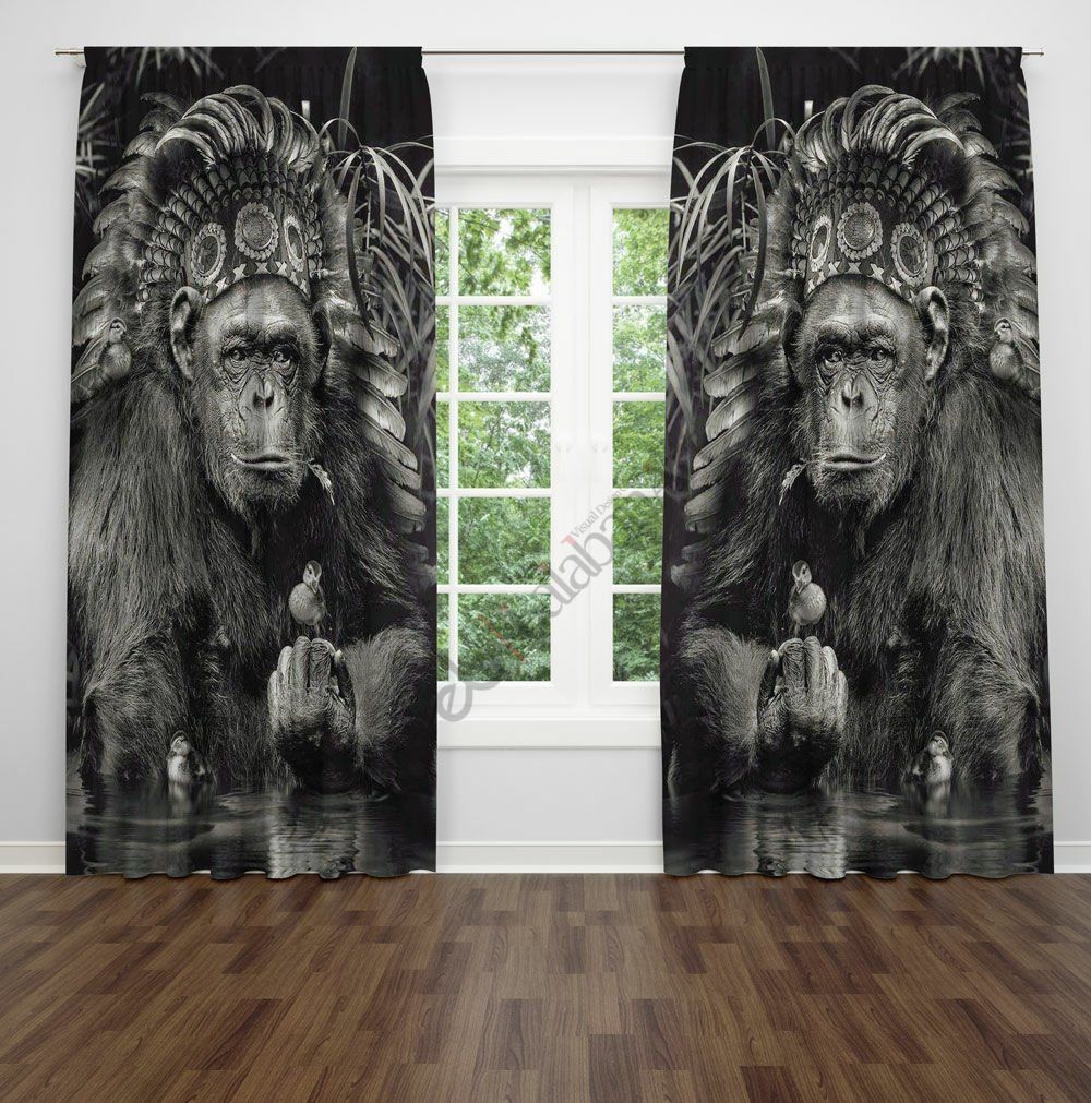 Şempanze ve Civcivler  Dijital Baskılı Fon Perde Çift Kanat 280x260 cm