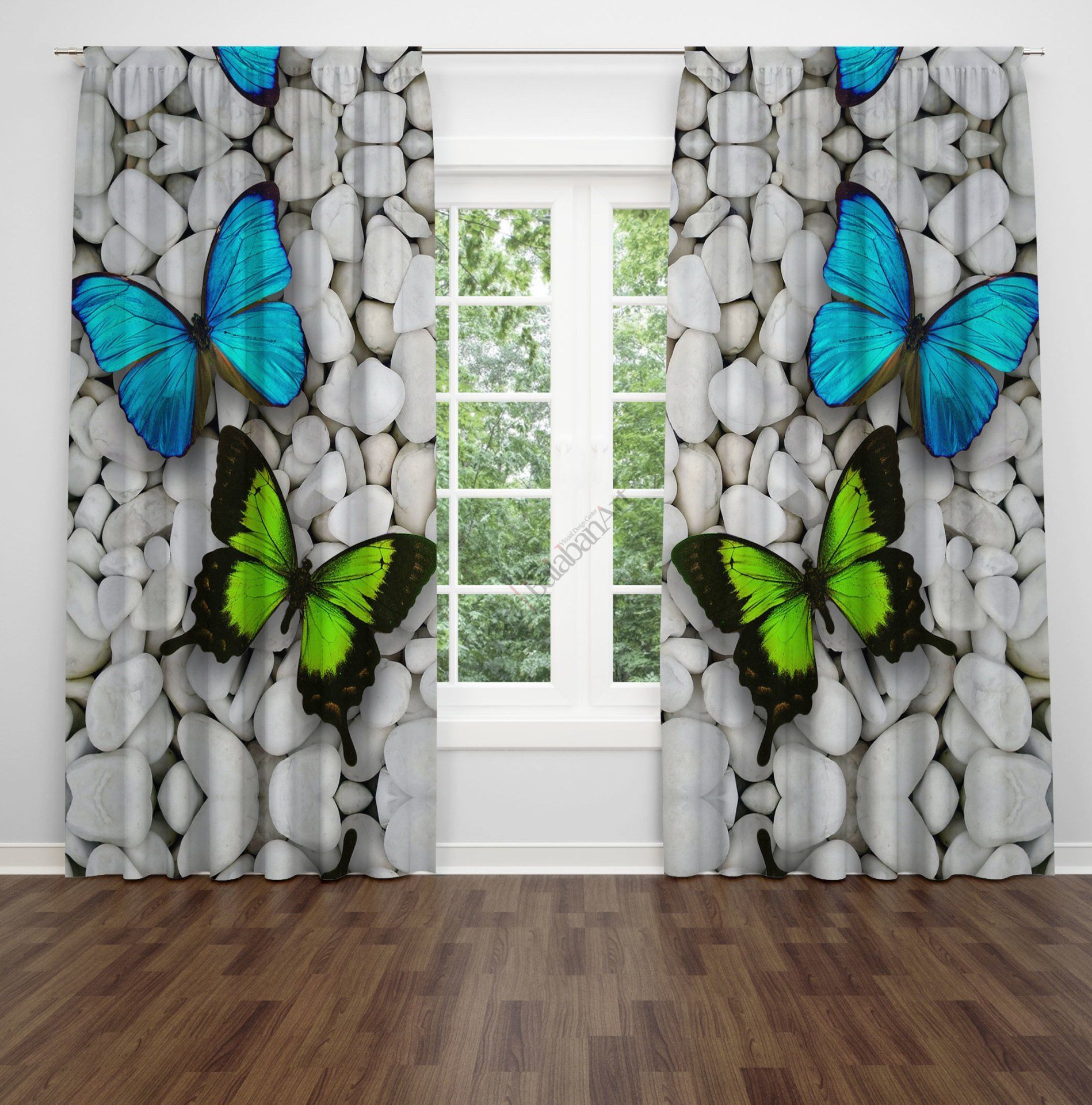 Kelebekler ve Çakıl Taşları Fon Perde Çift Kanat 280x280 cm