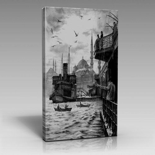 Siyah Beyaz Galata Köprüsü Balıkçılar (60cm x 90cm)