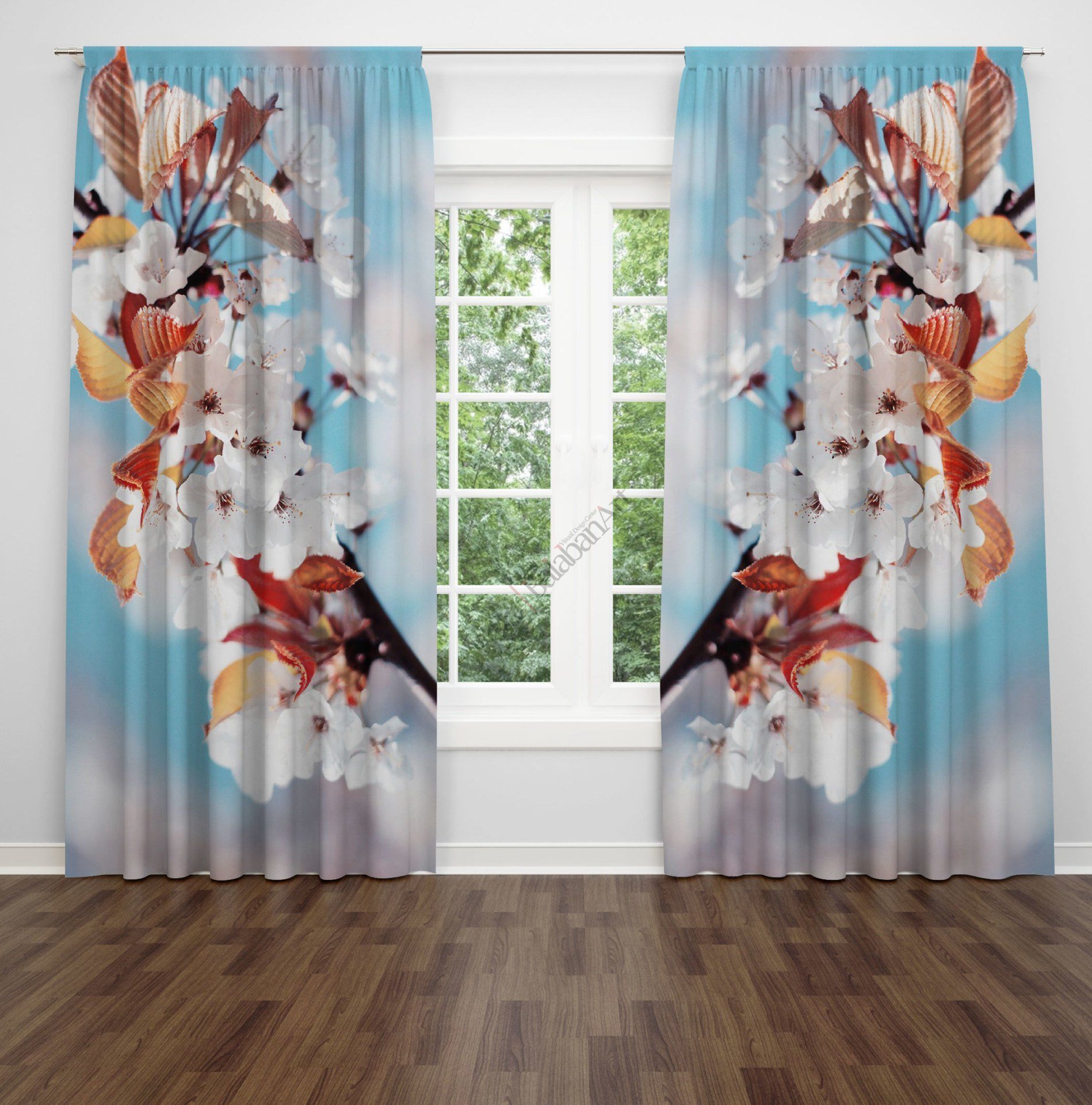 Çiçekli Ağaç Dalı Fon Perde Çift Kanat 280x270 cm